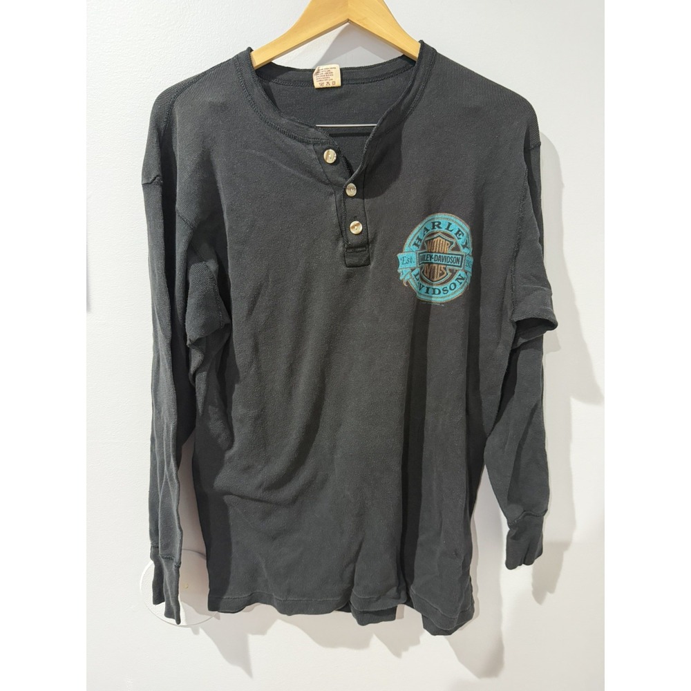 VTG 80s Harley Davidson Henley Long Sleeve Shirt Emblem Motorcycle Sz M Munich